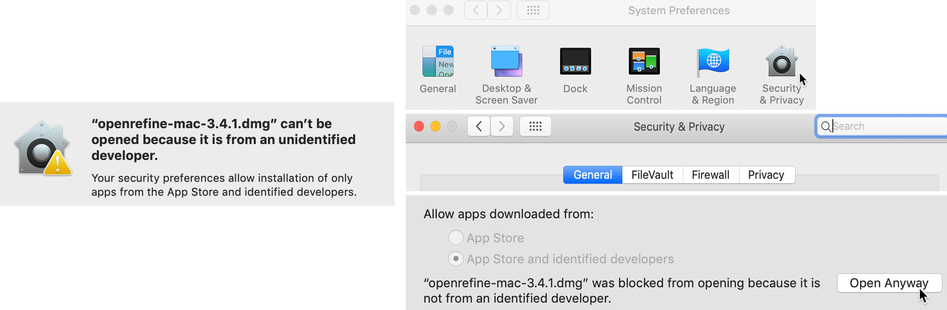 If your Mac displays a warning about launching OpenRefine (on left), go to System Preferences - Security and Privacy - General tab and click Open Anyways (on right).