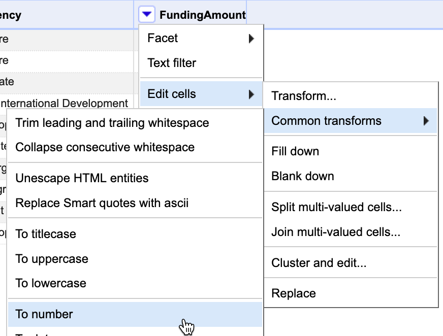 In the FundingAmount column menu, select Edit cells - Common transforms - To number.