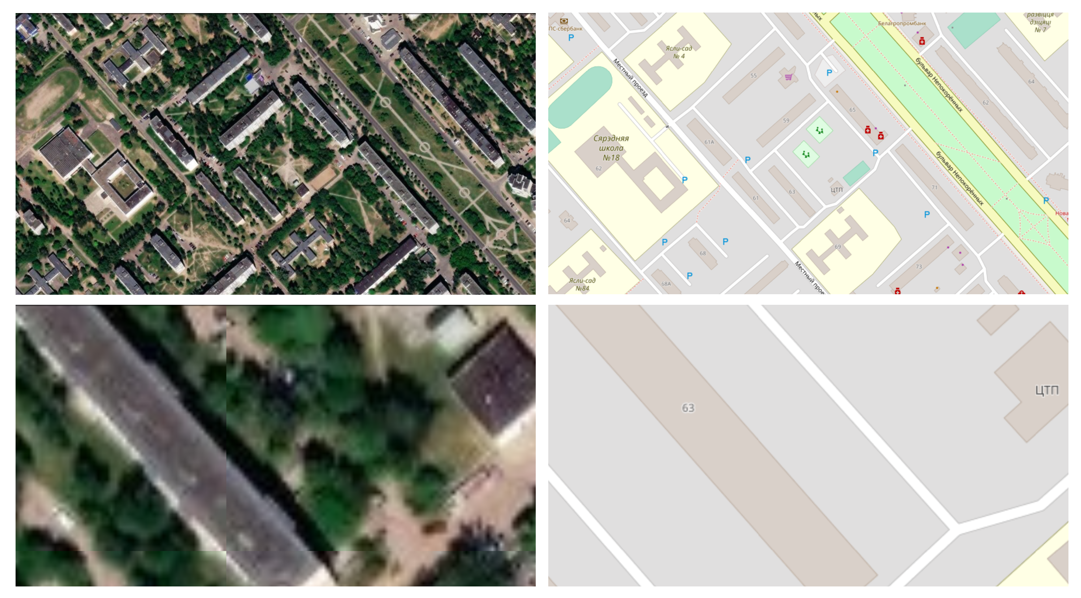 Raster map data from Esri World Imagery (on the left), and vector map data from OpenStreetMap (on the right), both showing Ilya’s childhood neighborhood in Mogilev, Belarus. Zooming into raster map data makes it fuzzier, while vector map data retains its sharpness.