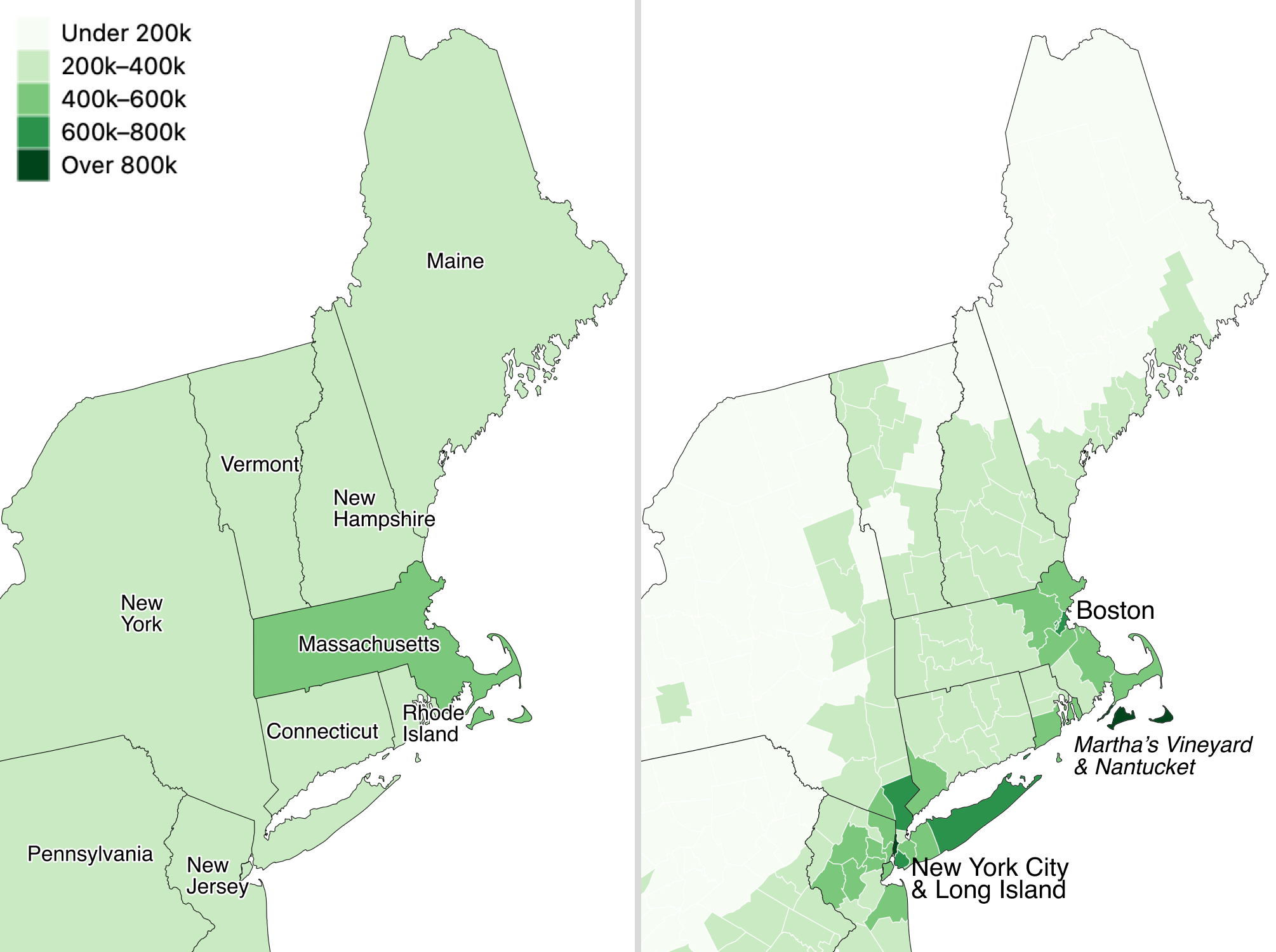 Zillow typical home values in September 2020 shown at the larger state level (left) versus the smaller county level (right).