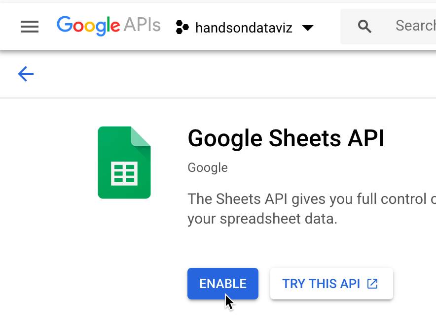 Select the Enable button for Google Sheets API.