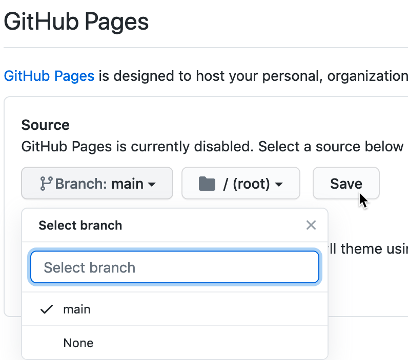 In Settings, go to GitHub Pages, switch the source from None to Main, and Save.