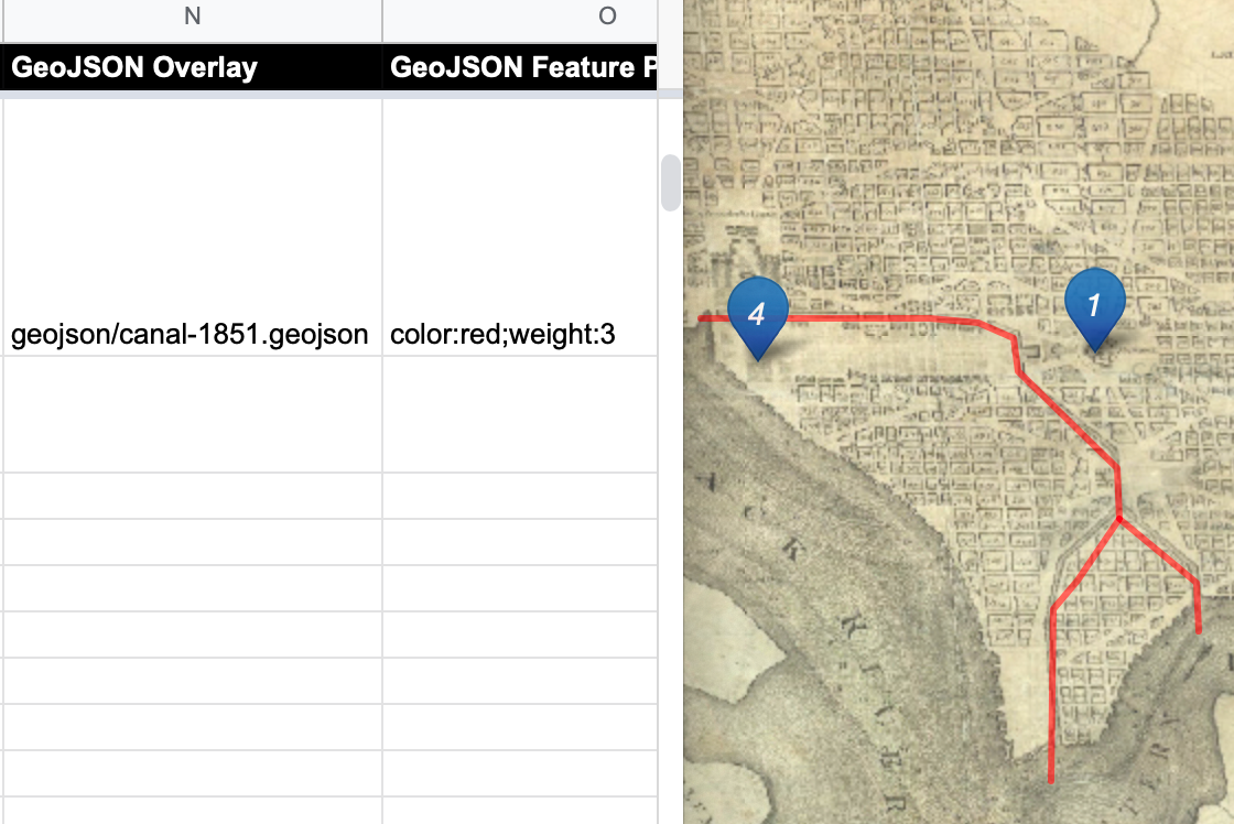 Enter the pathname in the GeoJSON Overlay column (on left) to display it in one or more storymap chapters (on right).