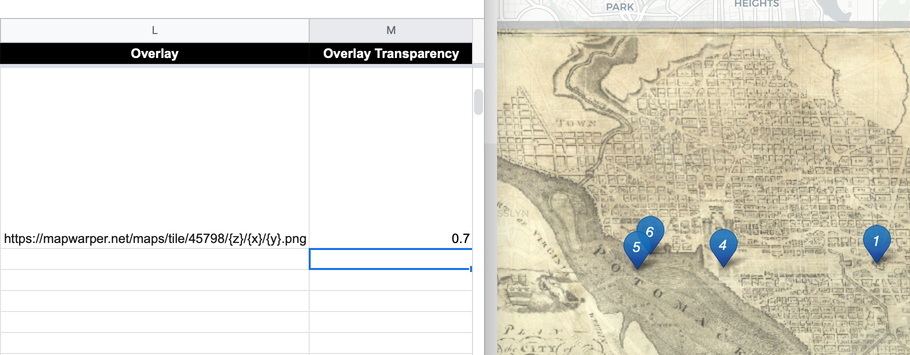 Enter map tile link and transparency level into the Google Sheet template (on left) to display it in one or more storymap chapters (on right).