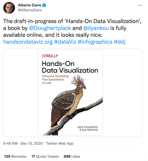 Tweet by Alberto Cairo about our open-access book, December 2020