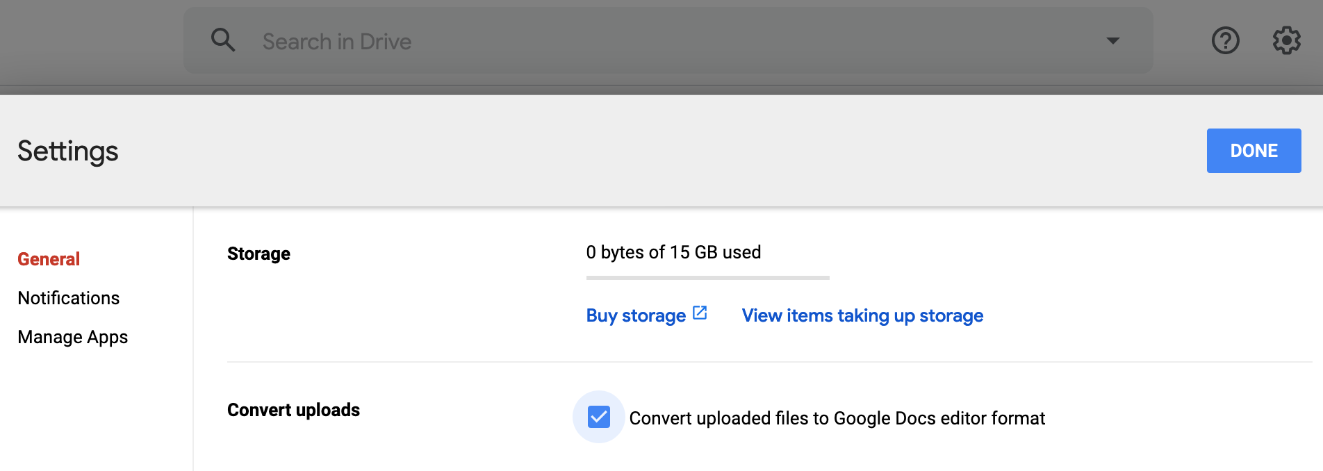 Inside your Google Drive Settings, check the box to automatically convert all uploads.