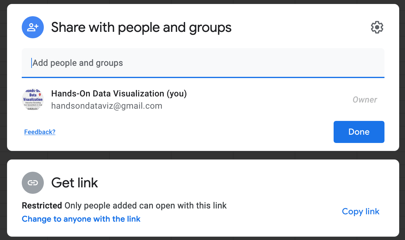 Click the Share button to grant access to individuals (top half) or anyone with the link (bottom half).