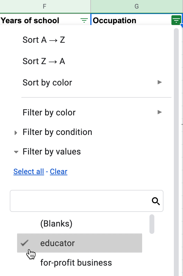 Go to Data - Create a Filter, click the downward arrow in the Occupation column, select only educator.