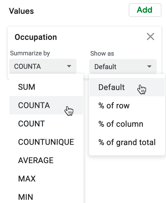 In the Pivot table editor, see multiple options to summarize Values.