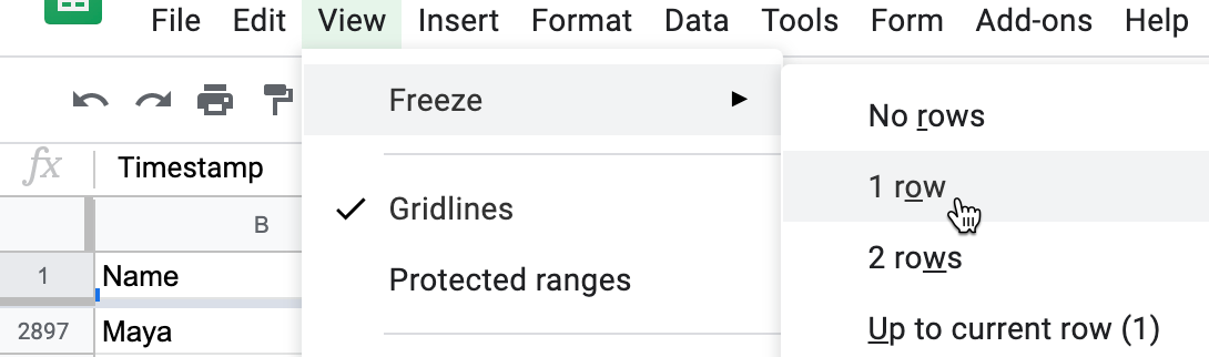 In Google Sheets, go to View - Freeze to select the number of rows to continuously display when scrolling downward.