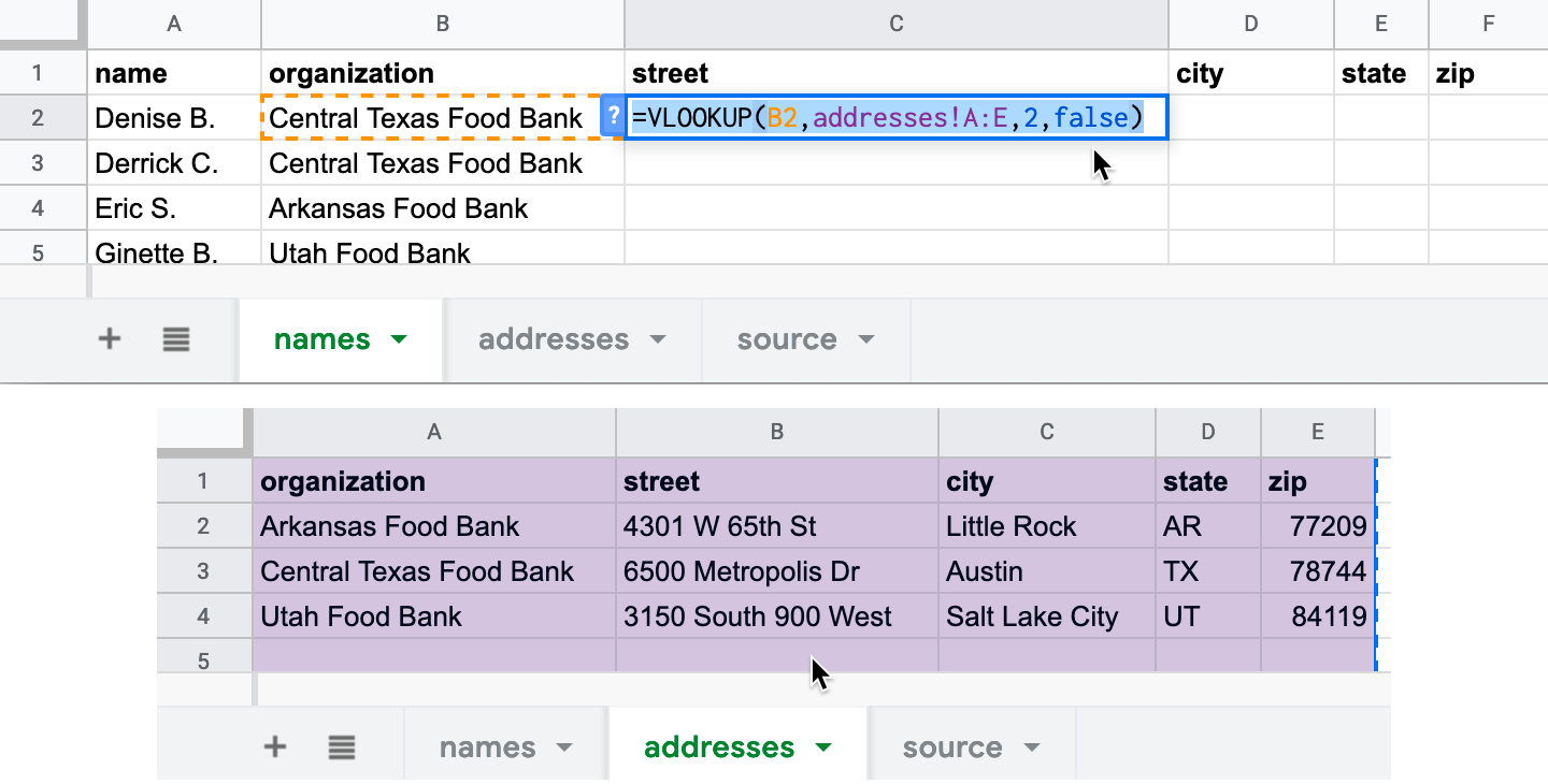 The VLOOKUP formula in cell C2 of the names sheet (top) searches for matches across columns A to E in the addresses sheet (bottom).