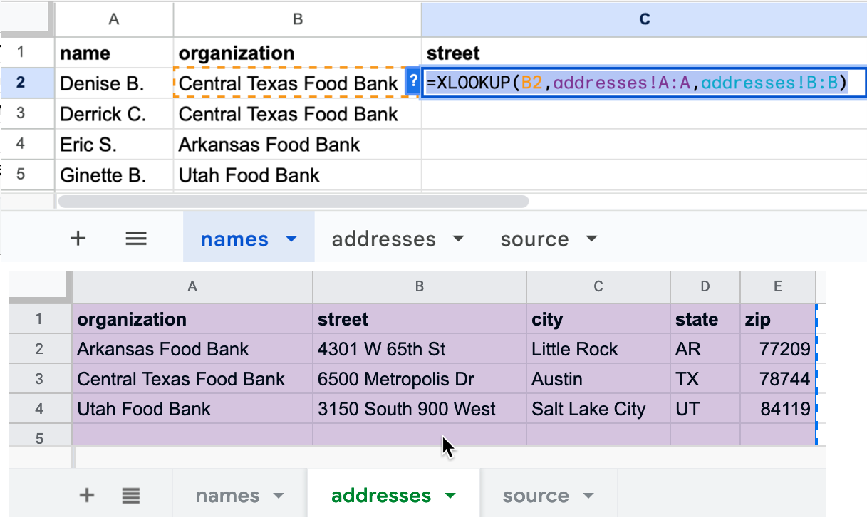 The XLOOKUP formula in cell C2 of the names sheet (top) searches for matches across column A in the addresses sheet and shows results from column B (bottom).