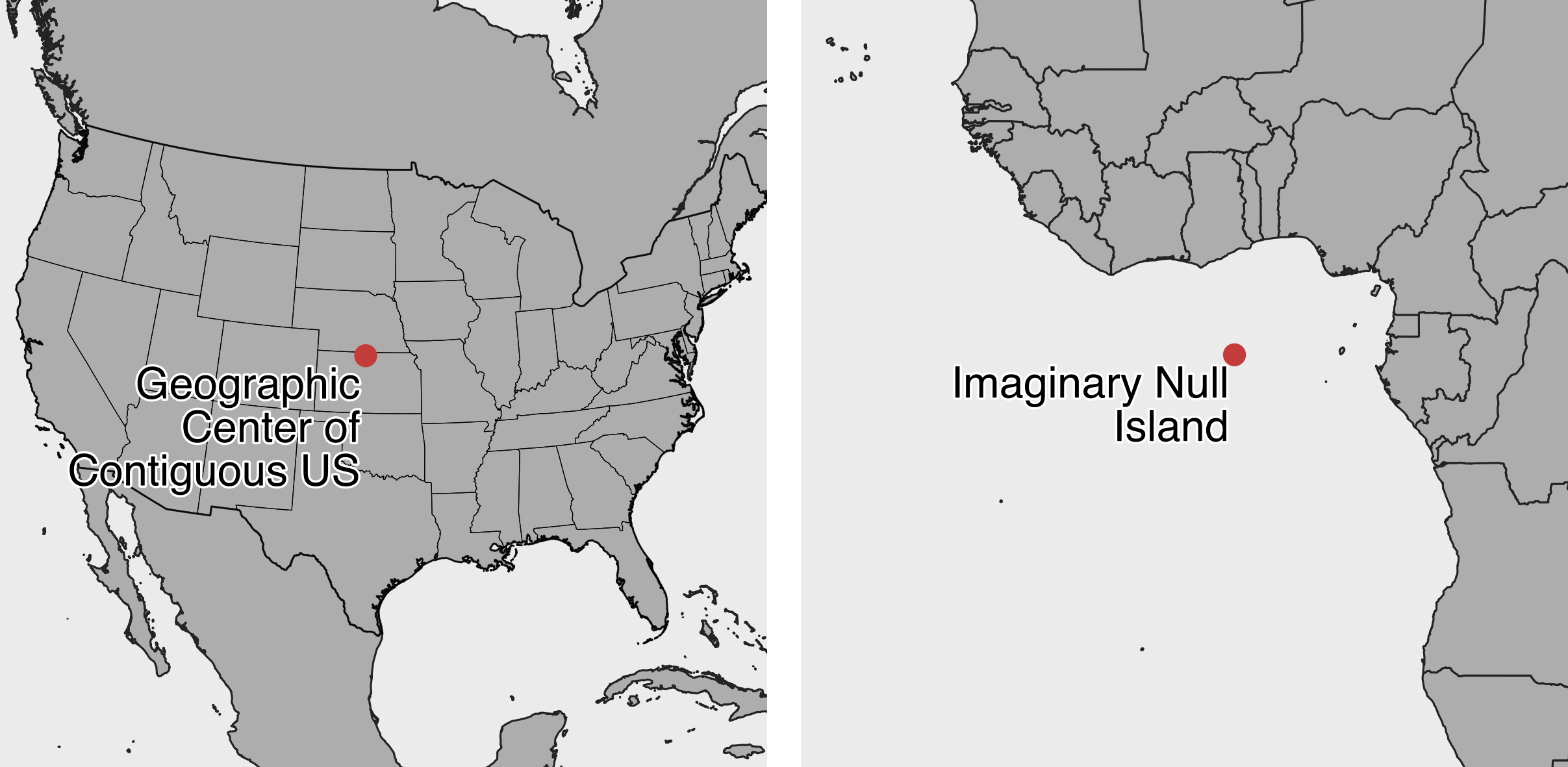 Beware of bad geocoding that automatically places data in the geographic center of the contiguous United States (in northern Kansas), or on imaginary Null Island in the Atlantic Ocean (the location of coordinates 0,0).