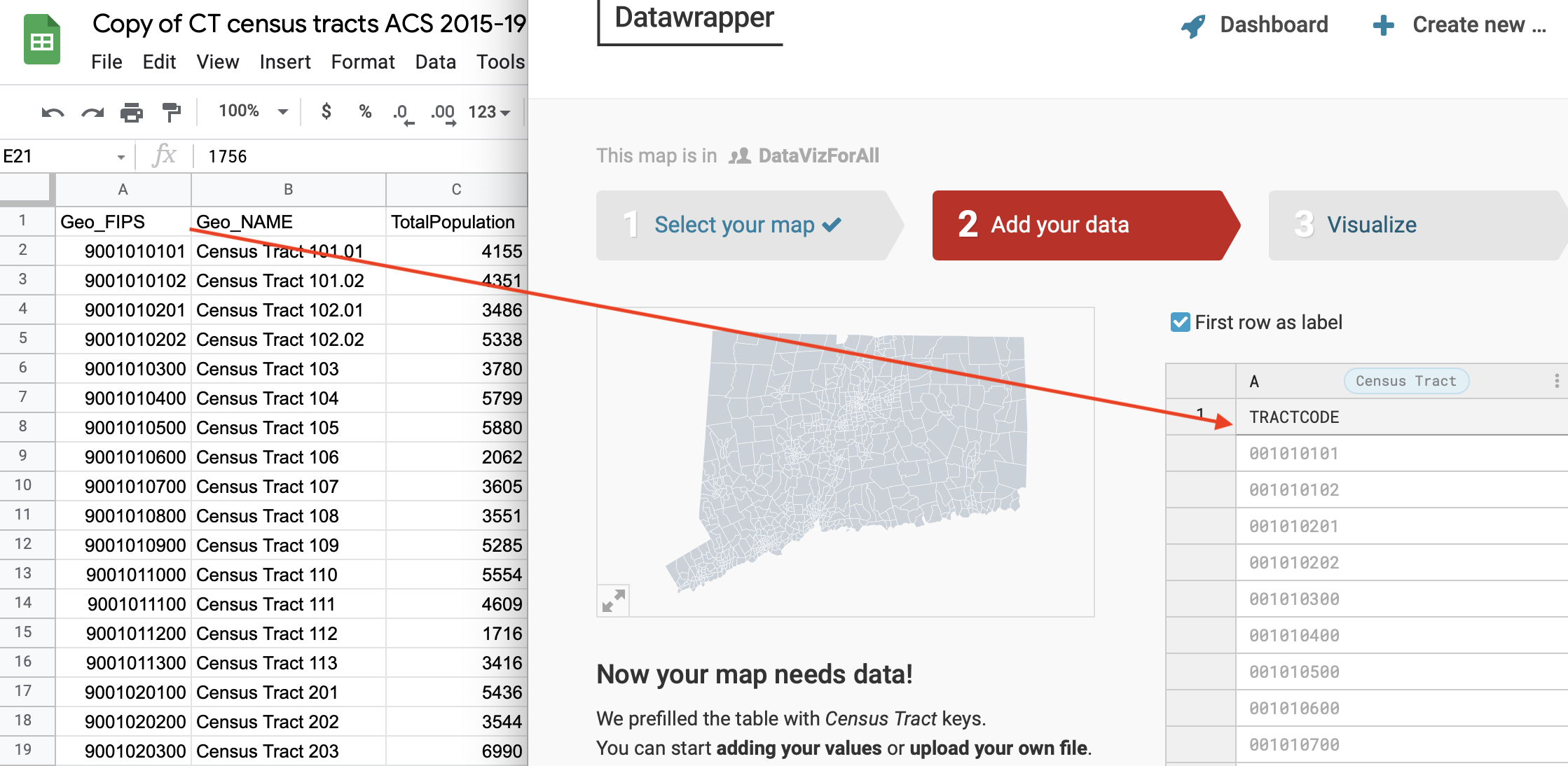 The census tract codes in the spreadsheet on the left do not match the codes in the mapping tool on the right.