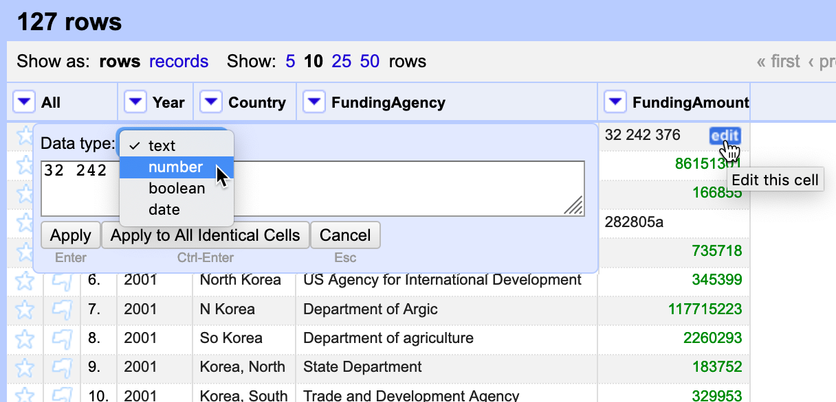 Manually edit to remove spaces and extra characters, and change data type to number.