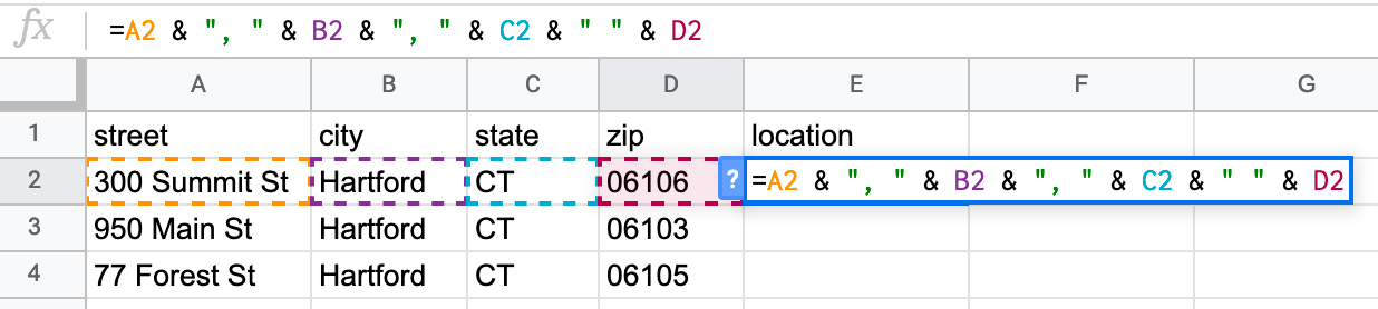 Use ampersands to combine items, and insert quoted spaces with commas as separators.