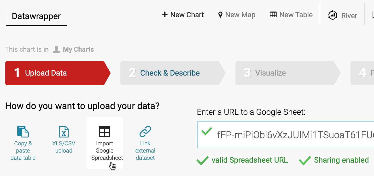 To upload data from a shared Google Sheet, click the button and paste the link.