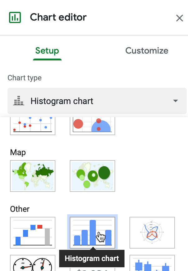 If not shown automatically, go to the Chart Editor sidebar and select Setup - Chart type - Other - Histogram.