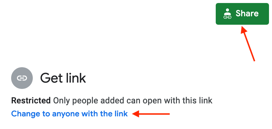 Click the Share button and then click Change to anyone with the link to make your data public.