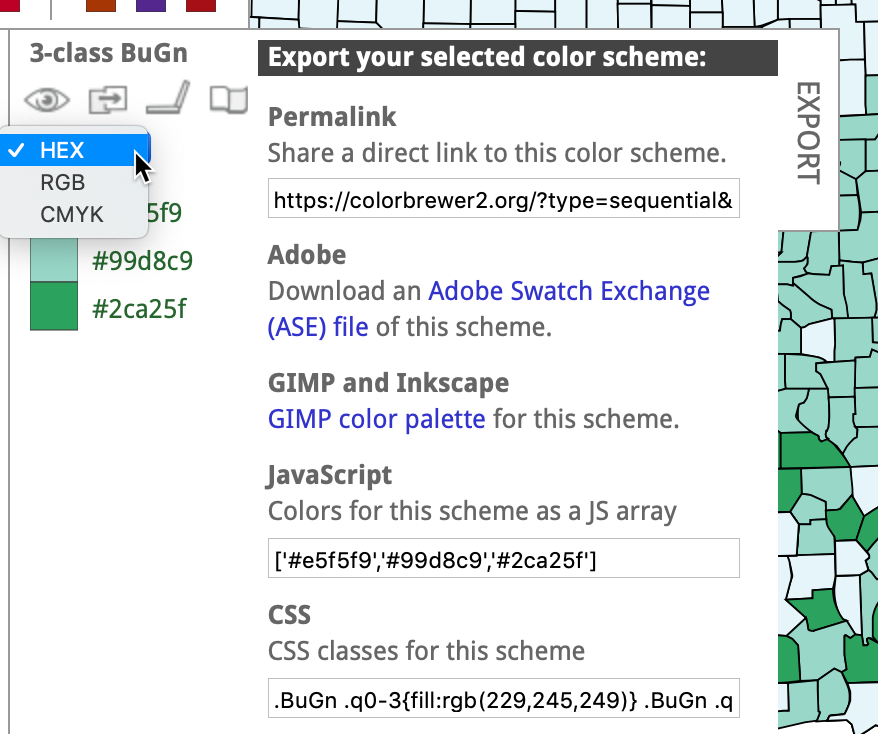 Click open the Export tab to display your color palette codes in various formats.