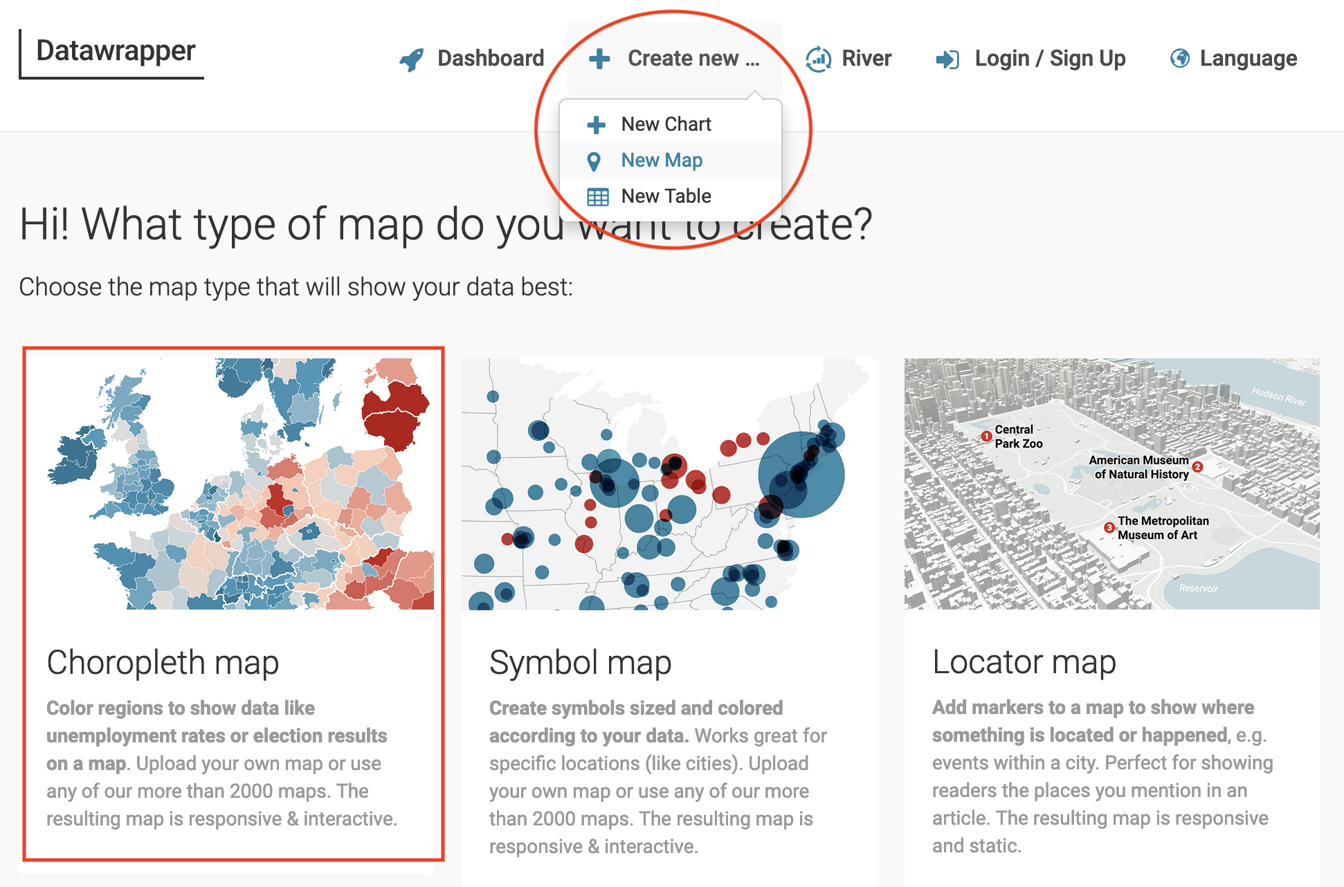 In Datawrapper, click Create new…- New Map, and choose Choropleth.