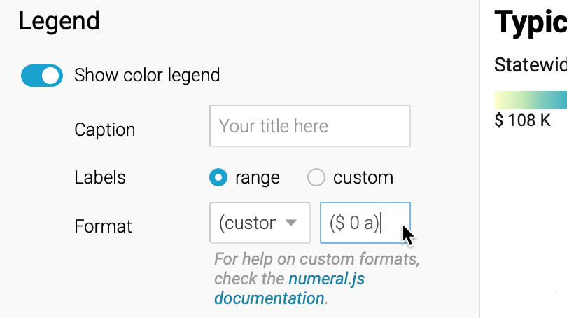 Change how numbers appear in the legend by entering a custom format.