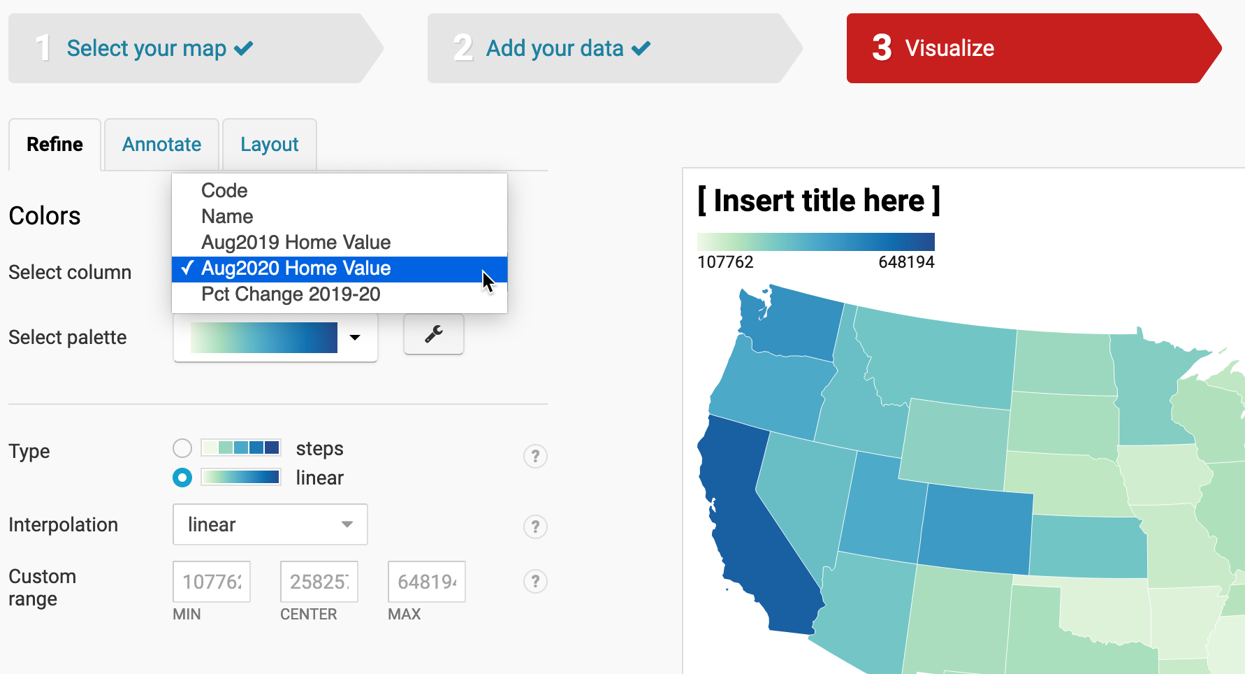 Under the Refine tab, click the column named Aug2020 Homes Values.