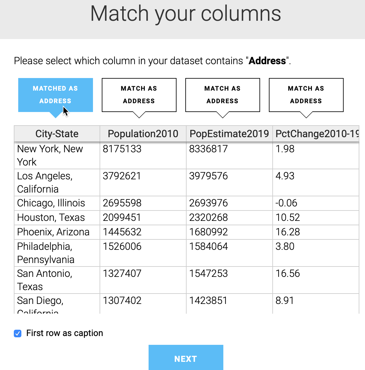 Select the City-State column to be matched as the Address.