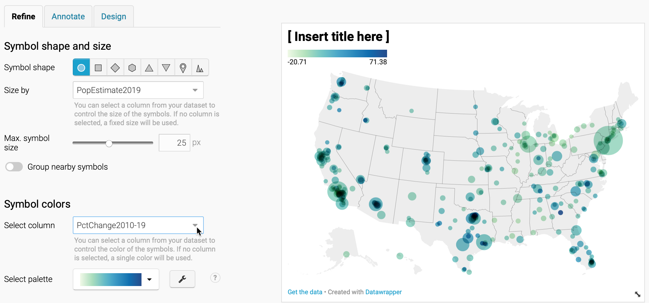 Refine your map by selecting data to display symbol shapes, sizes, and colors.
