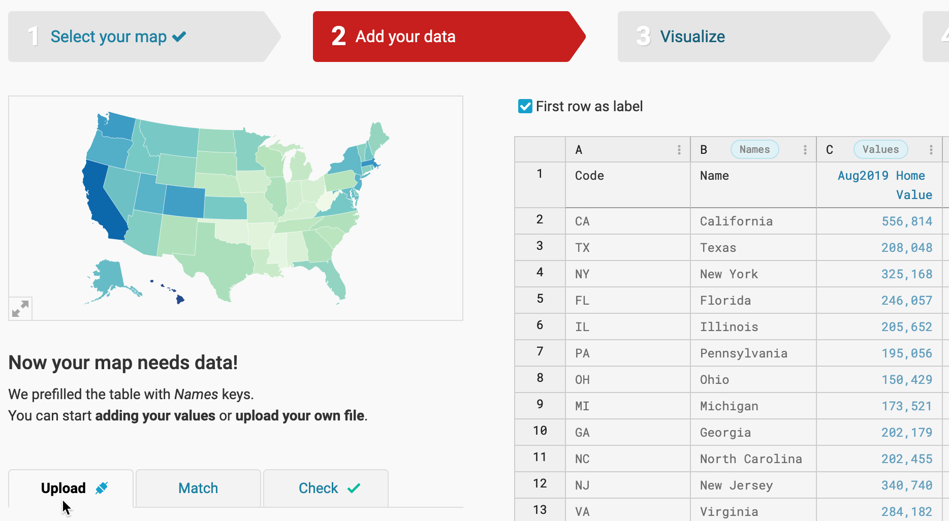 Inspect your data upload before you proceed to the next step.