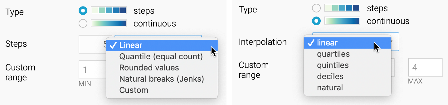 Interpolation options for steps (left) and continuous (right) in Datawrapper.