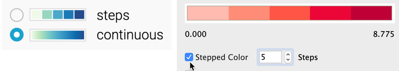 Steps versus continuous color intervals in Datawrapper (left) and Tableau Public (right).