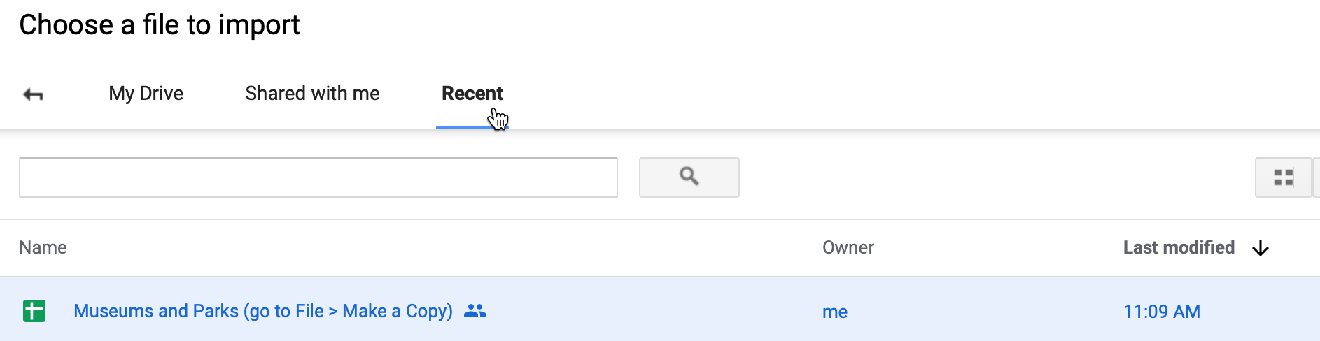 After you choose to import your data through Google Drive, select the Recent button to find the file.
