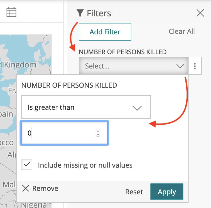 Add filters for number of persons killed (>0), location (latitude > 0), and date (last 365 days).