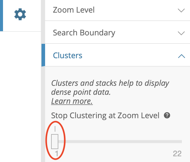 To always show individual points instead of clusters, set Stop Clustering at Zoom Level to 1.