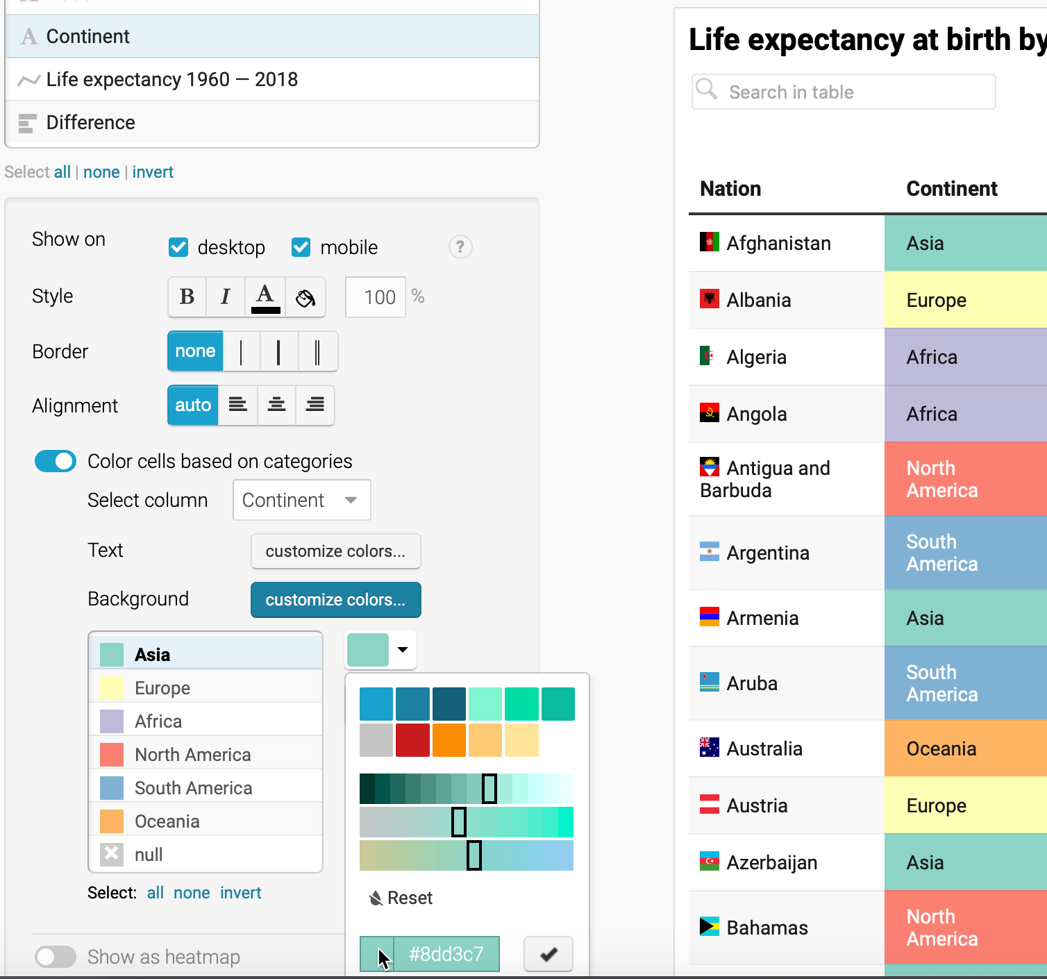 Customize the Continent column and push slider to color cells based on categories.