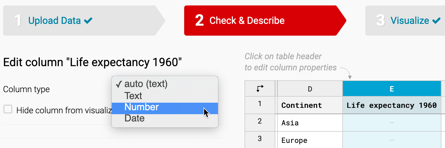 Go back to Check & Describe to change the properties of column E from textual to numerical data.