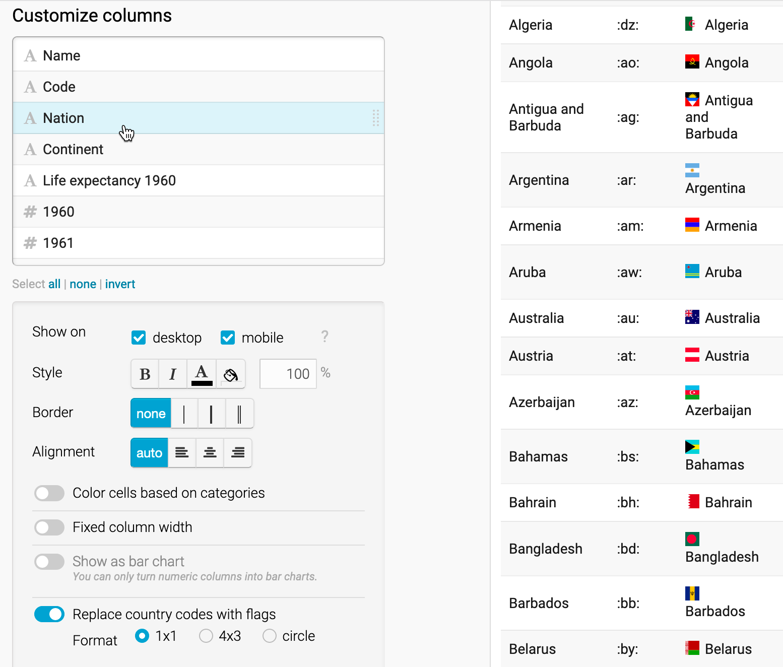 Customize the Nation column and push slider to replace codes with flags.