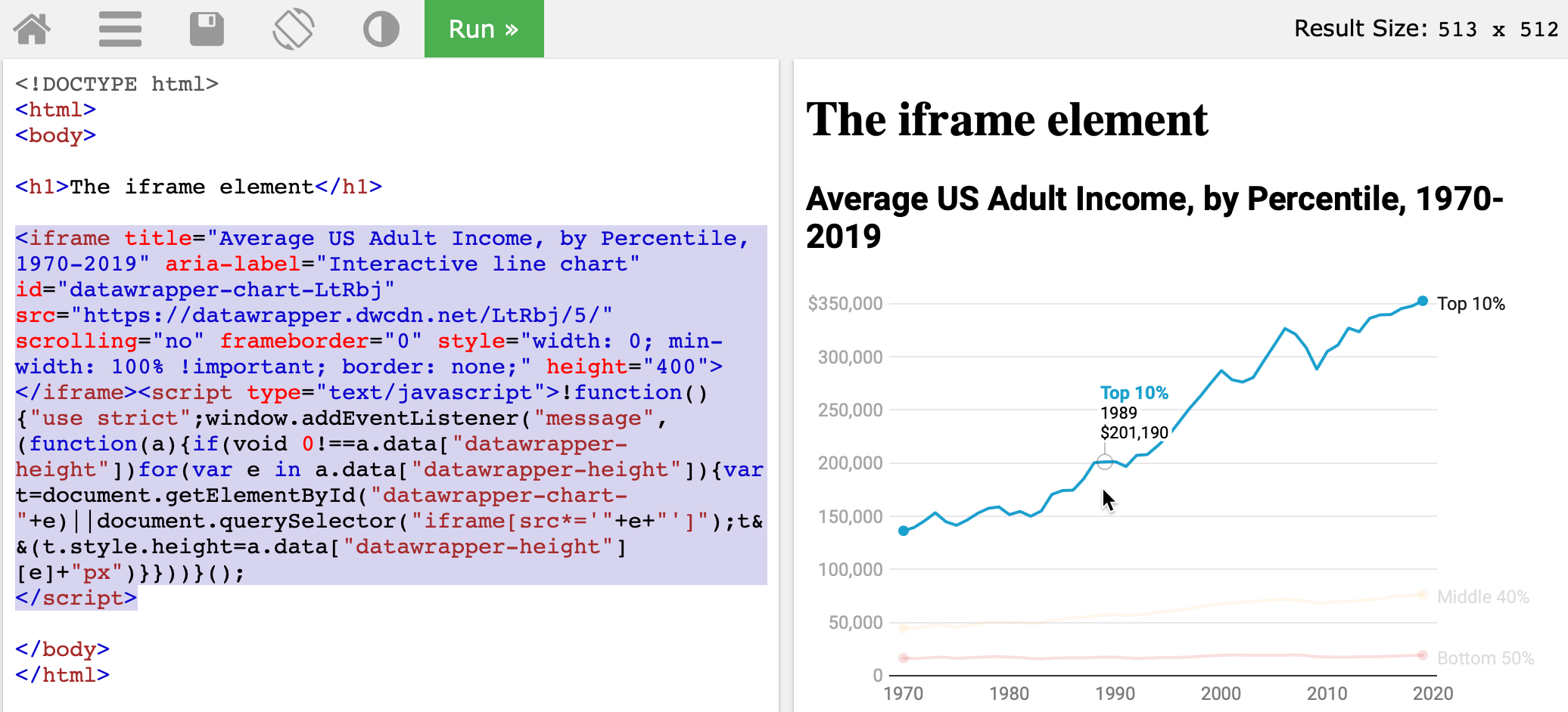 Paste your Datawrapper embed code in place of the current iframe tag in the TryIt page and click Run.