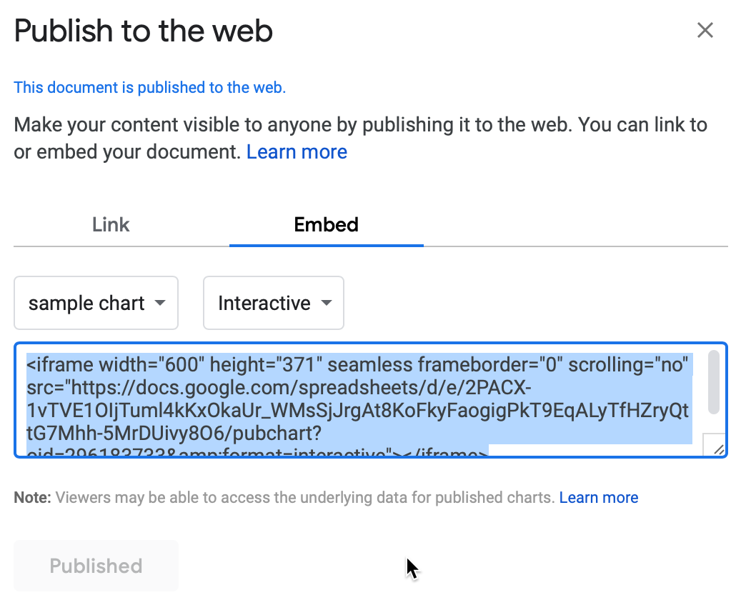 Click Embed and Interactive and Publish, then select and copy the embed code.