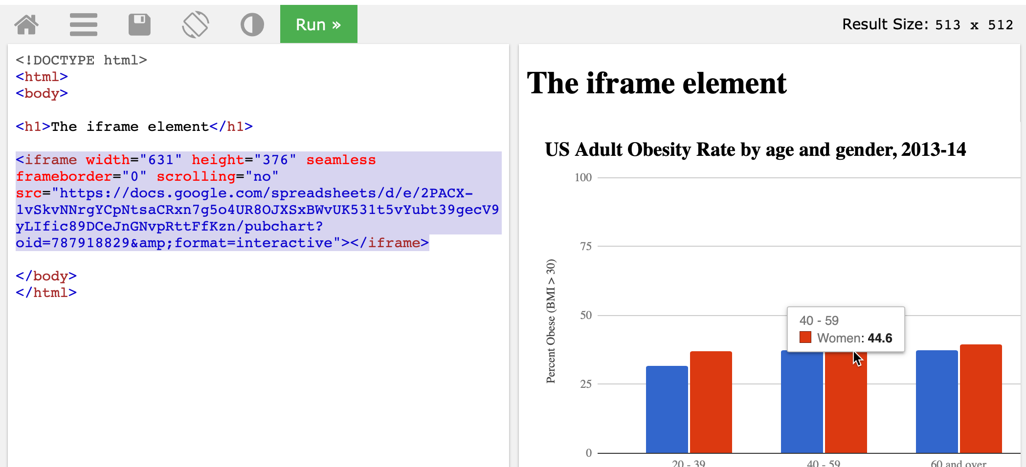 Paste your Google Sheets embed code to place of the current iframe tag in the TryIt page and click Run.