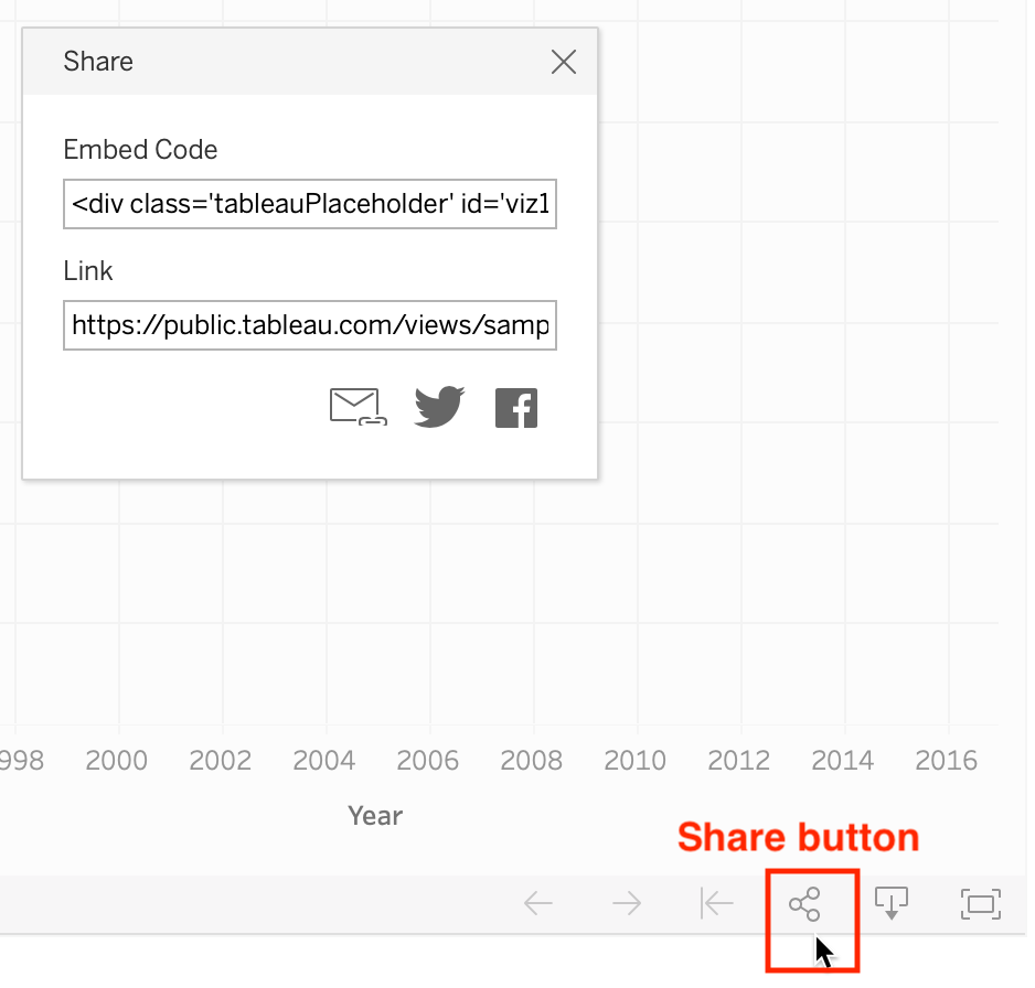 Scroll down in the online published visualization details, click the Share button, and copy the embed code.