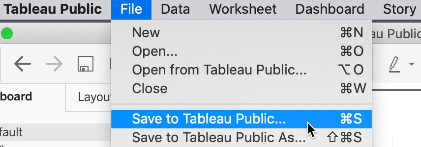 In the Tableau Public desktop application, select File–Save to Tableau Public to publish to the online server.