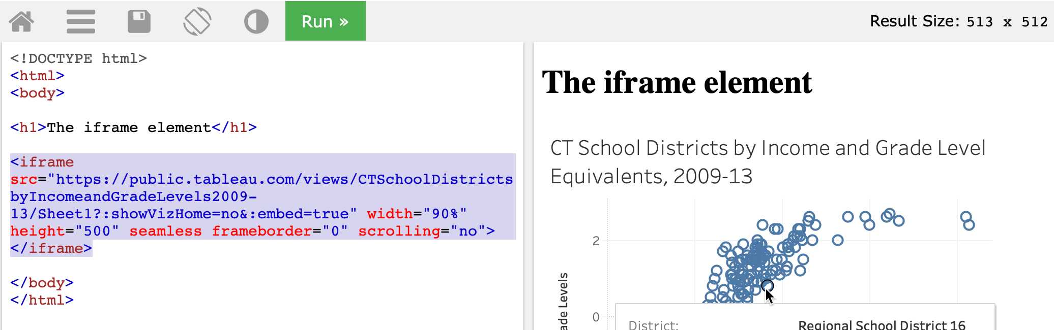 If a complex embed code does not work in your website, go back and copy the link to the visualization, and try to convert it into a simple iframe.