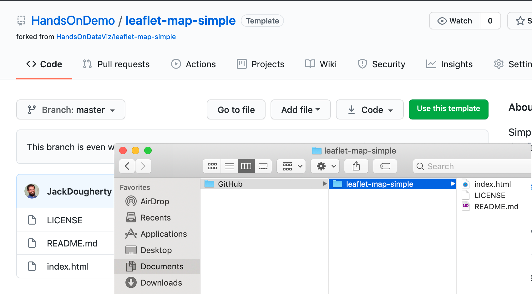 Now you have two copies of your repo: in your GitHub online account (on the left) and on your local computer (on the right, as shown in the Mac Finder). Windows screens will look different.