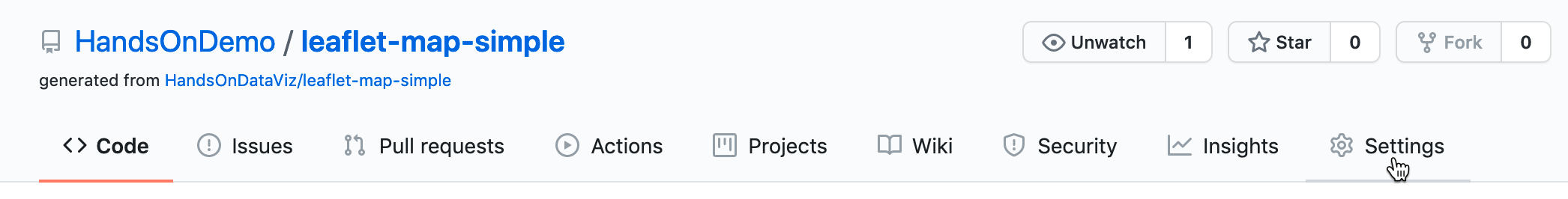 Click the Settings button to access GitHub Pages and publish your work on the web.