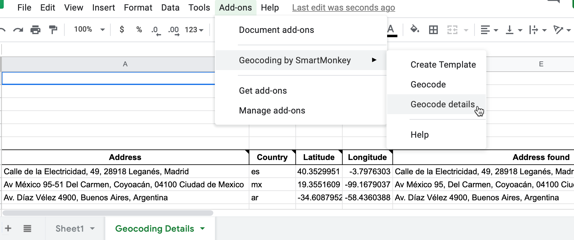 Select Add-ons–Geocoding by SmartMonkey–Geocode Details to display sample data with results for three new columns: Latitude, Longitude, and Address found.