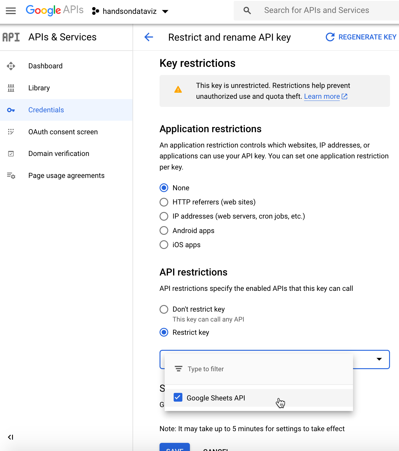 Choose API restrictions - Restrict key - Google Sheets API