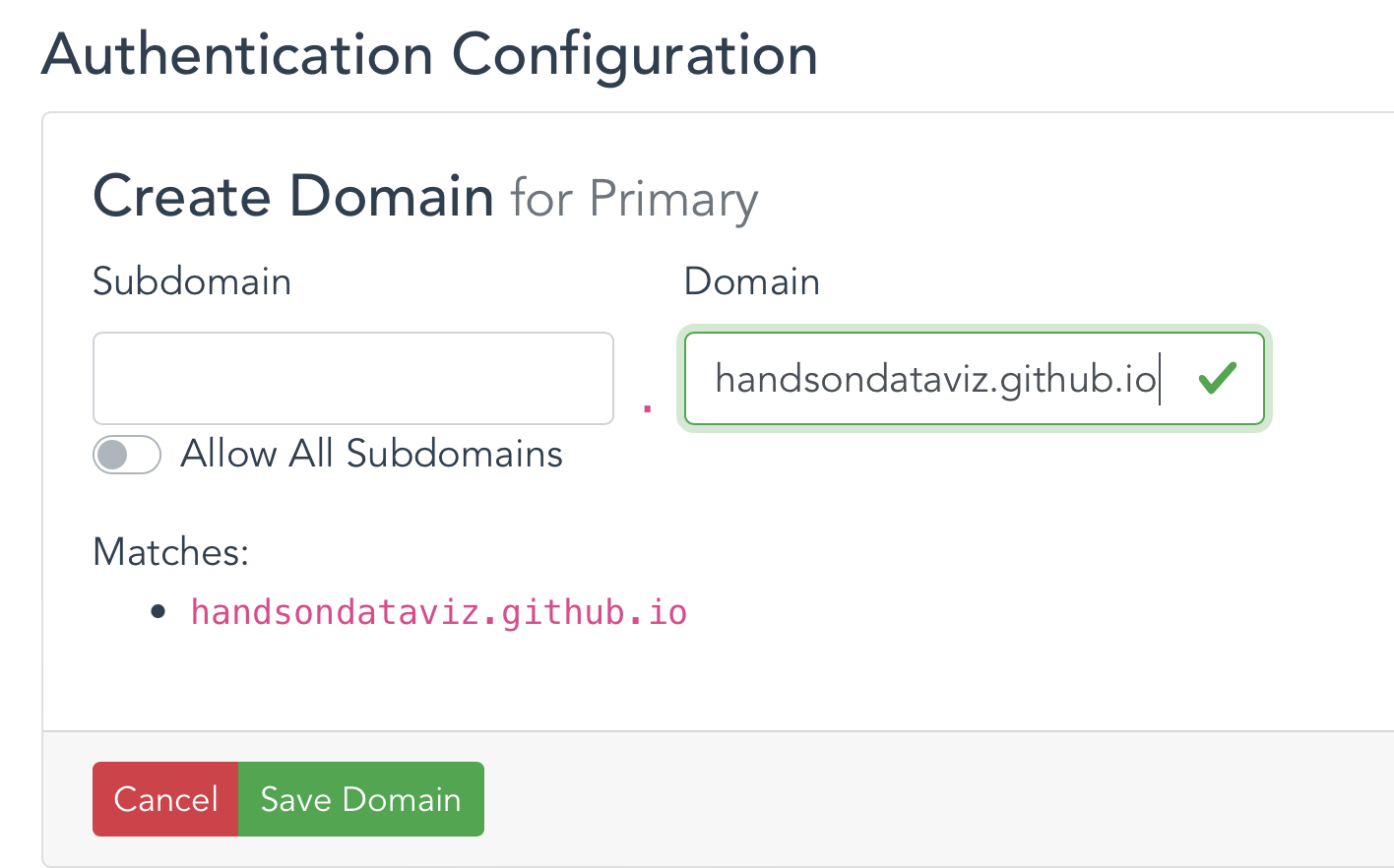 If you choose a Stadia basemap option, register to use domain-based authentication. For example, handsondataviz.github.io is the domain for our demo map on GitHub Pages.
