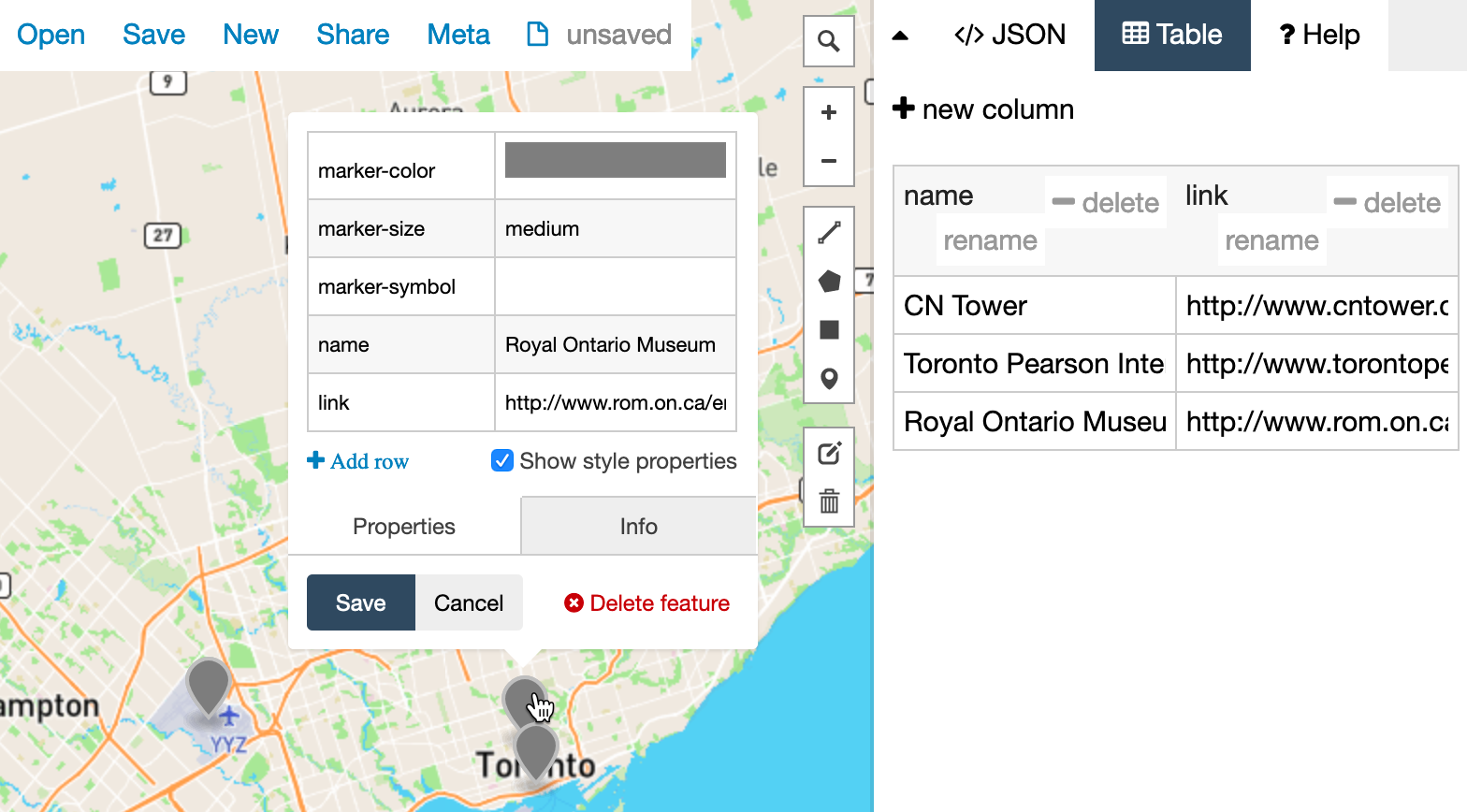 Upload CSV data into GeoJson.io to easily edit it in the Map or Table view.
